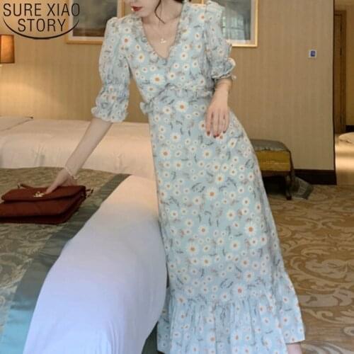 2021 Summer Dress Korean Women Solid V-Neck High Waist Floral Dress for Women Casual Long Dresses Temperament Vestidos 14467