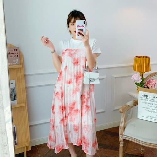 02690# Maternity Clothes Summer Chiffon Short Sleeves Loose Floral Dress Pregnant Women Mom Dress