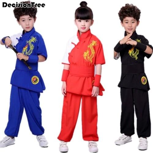 2021 kids chinese traditional martial arts sets embroidery dragon wushu kung fu clothing kick boxing stage performance suit