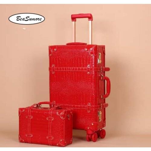 BeaSumore red marry Rolling Luggage Sets Spinner Women Crocodile PU Leather Password Suitcase Wheels 20 inch Cabin Trolley