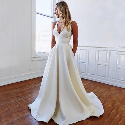 White Satin A Line Wedding Dresses Backless With Bow Bridal Gowns Deep V Neck Sleeveless Boho wedding dress for women