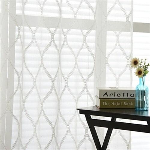 White Embroidered Geometric Tulle Curtains for Living Room Bedroom Window Sheer Ready Curtain