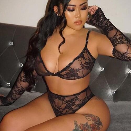 Bra And Panty Set Women Underwear Lace Lingerie 4pcs Open Cup See Through Thong Floral Perspective Underwear Set Transparent Bra