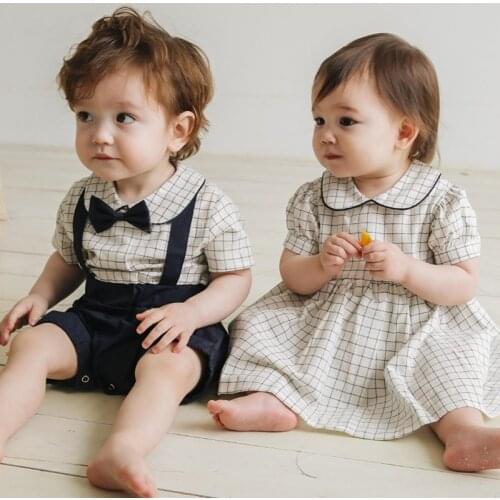 Summer 2021 Toddler Boys Girls Matching Clothes Set Newborn Infant Cotton Romper Baby Girls Plaid Dress Boys One Piece Outfits