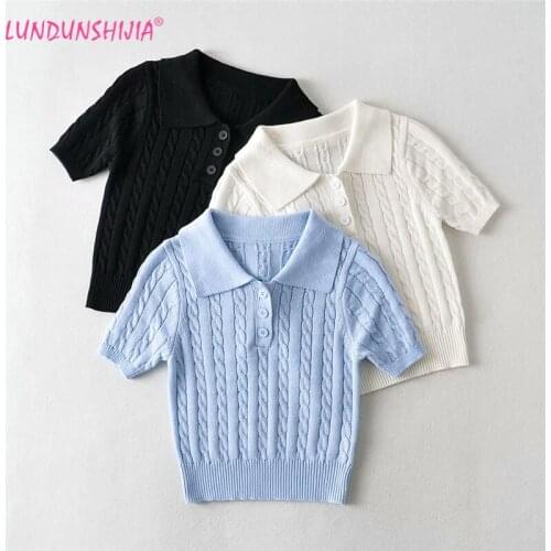 LUNDUNSHIJIA Polo Collar White Knitting Short Sleeve Crop Tops Women Summer T Shirt Basic Sexy Streetwear Tee Tops