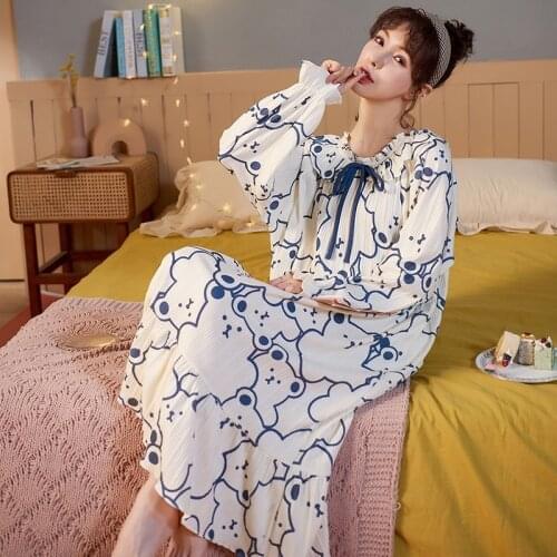 Cute Cartoon Women Nightgowns 100% Cotton Nightdress Homewear New Autumn Night Dress Causal Sleepwear Long Sleeve Pyjamas M-4XL