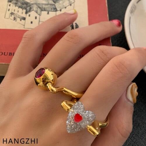 INES New Vintage Hyperbole Red Zircon Eyes Heart Gold Color Metal Rings Party Fashion Jewelry Gift for Women Lady HANGZHI 2021