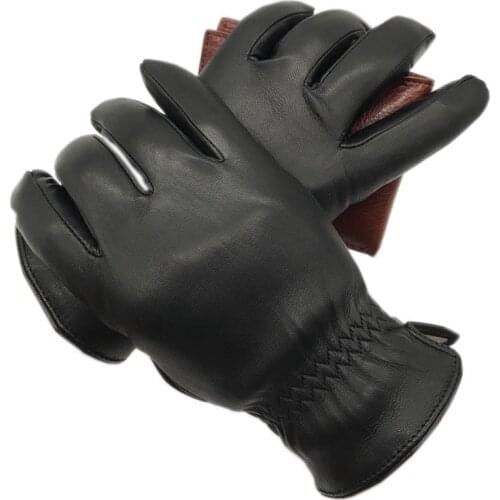 Winter Mens Fashion Sheepskin Genuine Leather Gloves Cotton Lining Winter Gloves Keep Warm Driving Riding Outdoor Black New 202