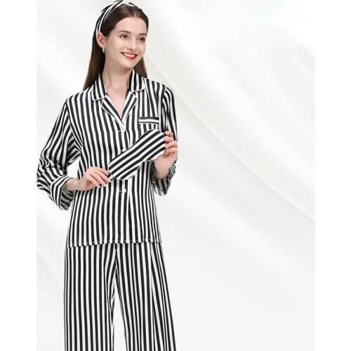 19 Momme Pure Silk Pajamas Set Womens Pijama Feminino Striped Sleepwear Women 100% Genuine Silk Mulberry Loungewear Pyjamas