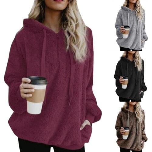 Plus Size Winter Solid Color 1/4 Zip Up Fluffy Hoodies Women Hooded Sweatshirt Womens autumn and winter casual warm jacket