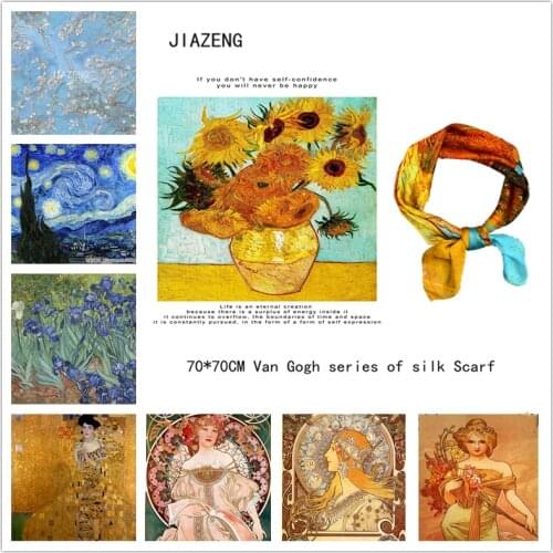 70cm*70cm Luxury Women scarf Vincent Van Gogh Oil Painting Printed Square Silk Scarf Women shawls Girl Wraps Hair Tie bandana