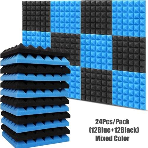 12Pcs Blue+12Pcs Black Mixed Color Soundproof Pyramid Studio Foam 30x30x5cm Acoustic Foam Panels KTV Drun Room Wall Pad