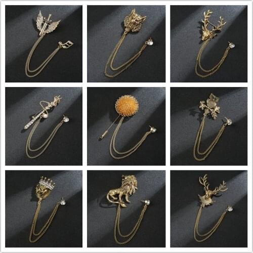 Vintage Wing Lion Eagle Rhinestone Cross Brooch Cardigan Shirt Collar Pins Chain Tassel Men Lapel Pin Jewelry Badge Accessories