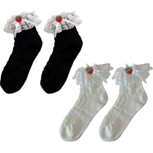 Japanese Female Sweet Lolita Hollow Out Cotton Ankle Socks Cute Strawberry Bowknot Ruffles Lace Jacquard Student School Hosiery