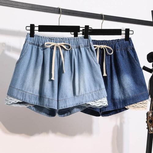 S-5XL Plus Size Lace Stitching Elastic Waist Loose Wide Leg Denim Shorts Women Vintage Harajuku Casual Summer Shorts Jeans C7318