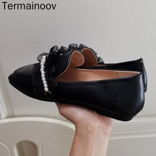 Termainoov Women Mary Jane ShoesNew Sweet Square Toe Flats Lace Pearl Slip on Ladies Shoes Soft Fashion Shoes