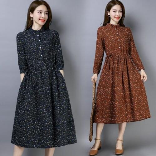 Spring autumn new womens floral ethnic style dress fashion slim cotton linen long sleeve dress plus size Vintage print dresses