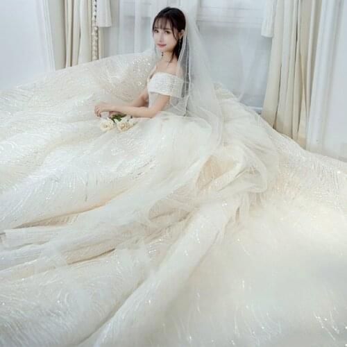 2021 New Shining Sequins Luxury Wedding Dress With Sweep Train Elegant Boat Neck Off The Shoulder Ball Gown Vestido De Noiva