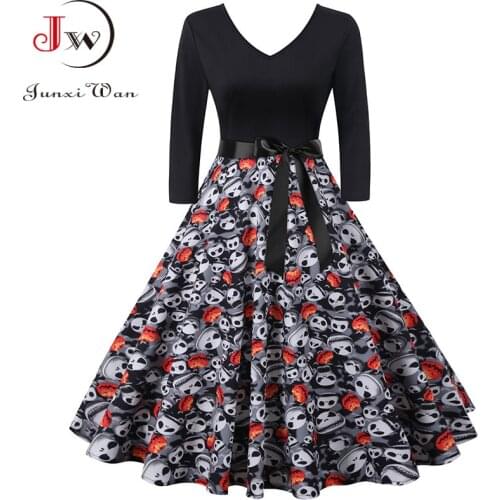 Halloween Women Party Dress Black Pumpkin Skull Print V Neck Three Quarter Sleeve Vintage Retro Elegant Rockabilly Midi Sundress