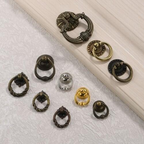 1Pc Vintage Alloy Cabinet Handles Furniture Knobs Kitchen Drawer Cupboard Chinese Ring Pull Bronze Tone