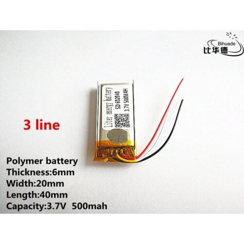 10pcs/lot 3 line Good Qulity 3.7V,500mAH,602040 Polymer lithium ion / Li-ion battery for TOY,POWER BANK,GPS,mp3,mp4
