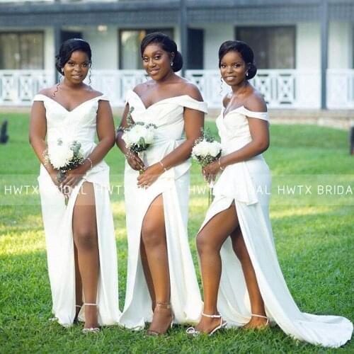 White Sexy High Slits Bridesmaid Dresses Off the Shoulder Pleats African Women Long Wedding Party Formal Gown Vestidos De Fiesta