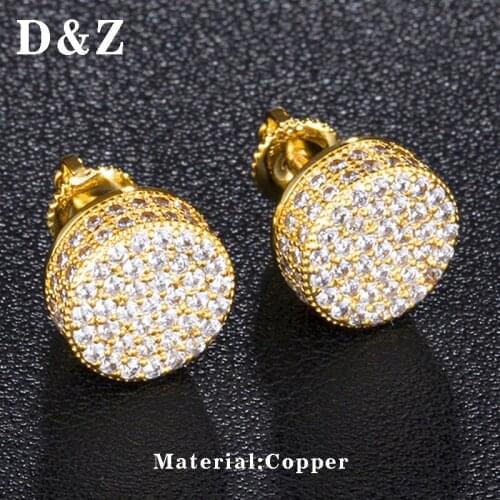 D&Z Mens Hip Hop Iced Out Micro Paved CZ Round Stud Earrings For Male Luxury Party Jewelry Brincos