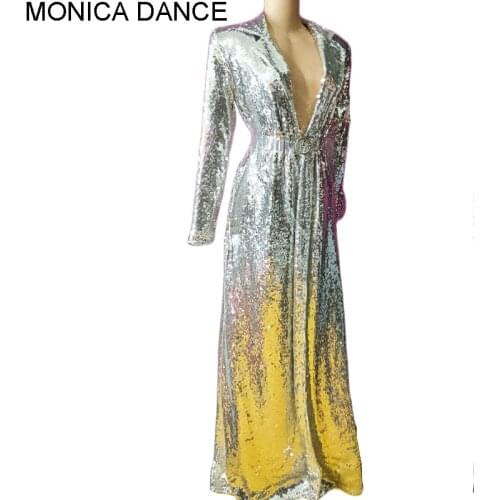 Women Stage Buttonless Shiny Sequins Long Coat Female Singer Nightclub DJDS Concert Stage Performance Silver Cloak Dance Costume
