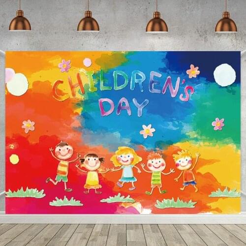 Happy Childrens Day Theme Backdrop Cartoon Cute Boy And Girl Rainbow Painting Graffiti Kids Birthday Party Photo Background