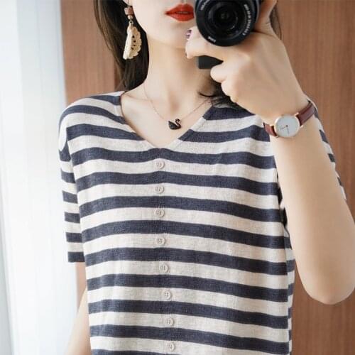 Pure cotton T-shirt womens striped knitted short-sleeved summer new loose casual V-neck half-sleeved pullover T-shirt