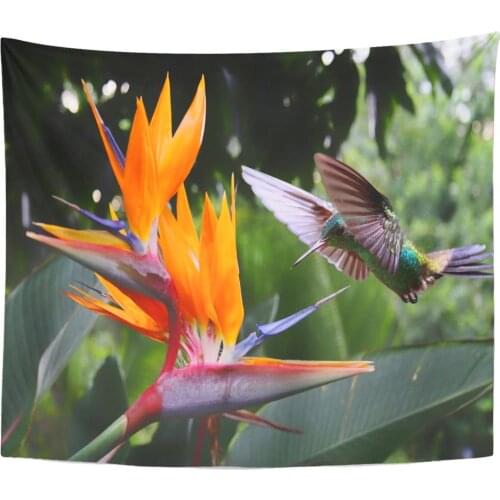 Tapestry Yellow Trinidad Flying Hummingbird at Strelitzia Flower Orange Tobago Tapestries Wall Hanging for Living Room Bedroom