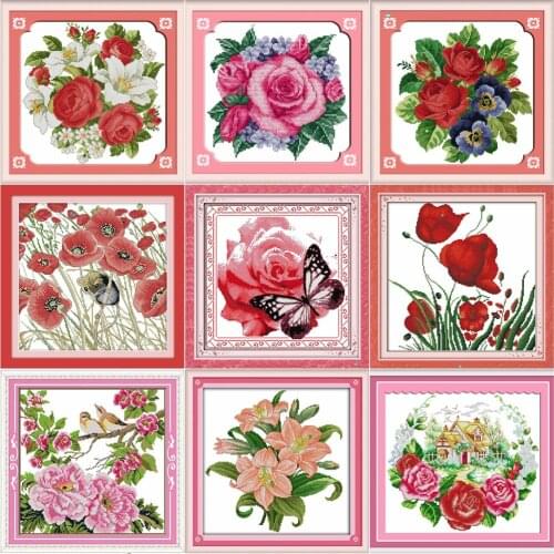 HUACAN Cross Stitch Rose Flower Kits Floral Sets White Canvas DIY Embroidery Gift Home Decoration Needlework 11CT 14CT