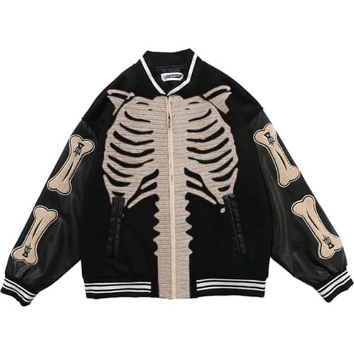 Furry Bone Baseball Jackets Men Patchwork Skeleton Hip Hop Streetwear College Bomber Jacket Mens Harajuku Bomber Coats Unisex