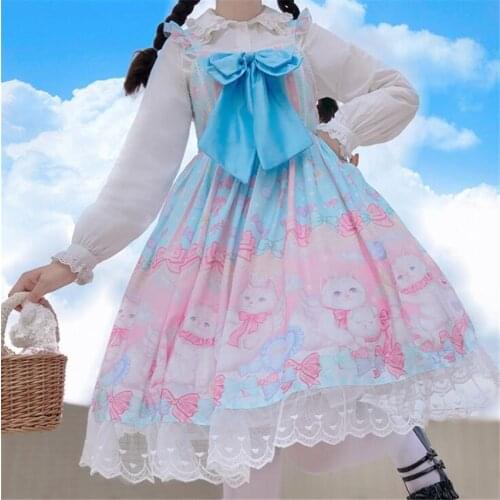 Sweet Women Sleeveless Bowknot Princess Party Dresses Dream Cat Print Girls Kawaii JSK Lolita Dress B1854