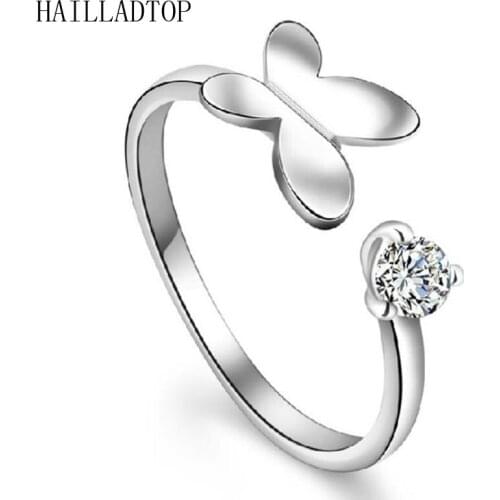 Trendy Adjustable Silver Plated Butterfly Ring Crystal Opening Ring Wedding Ring 16mm Adjustable Ring Butterfly Romantic Jewelry