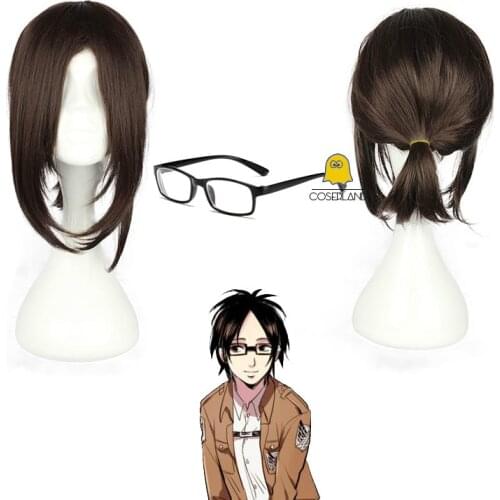 Attack on Titan Hange Zoe Cosplay Wig Dark Brown Synthetic Hair with Wig Cap Hanji Zoe Anime Cosplay Glasses Role Play Props