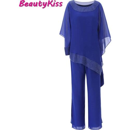 Casual 2 Pieces Mother Of The Bride Dress Pants Suit Crystals Chiffon Outfit Mother Dress Groom Mother Dress For Weddings