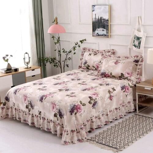 Plant Flowers Bed Skirt 100% Cotton Stylish Ruffled Bedspread Wedding Fitted Sheet Cover Soft Non-Slip King Queen 250x270cm
