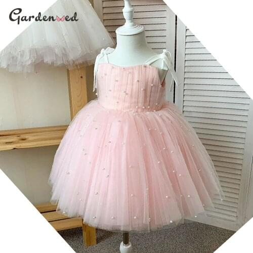 Pearls Tulle Sashes Flower Girl Dress Cute Spaghetti Strap First Communion Dress Little Bride Dress Girl Pageant Dresses