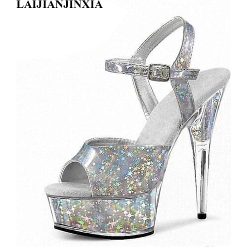 LAIJIANJINXIA New 15CM Clear Glitter High Platform Sandals Stripper Heels Open Toe Pole Dance Shoes Women Sexy Fetish Party Shoe