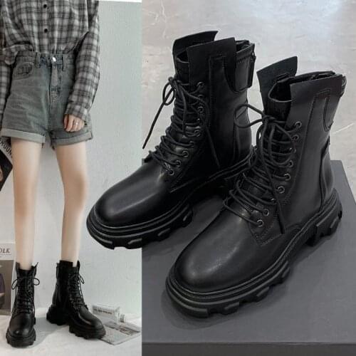 Martin Boots Women 2020 New Knight Boots Thick-soled British Style Leather Boots Round Toe Mid-tube Rear Zipper Womens Boots