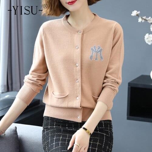 YISU 2020 Autumn Winter Women Cardigan Causal Knitwear O-neck Long Sleeve Sweaters short embroidery Cardigan Sweaters Women