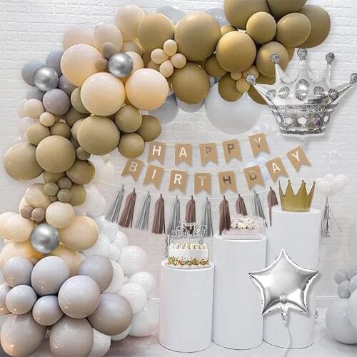 1set New Retro Coffee Latex Balloon Arch Kit Macaron Grey Metallic silver Crown Aluminum Foil Balloons Birthday Party Decoration