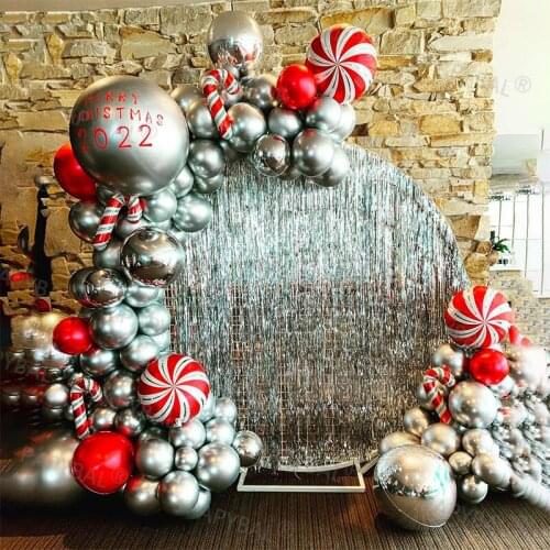 108pcs Christmas Balloons Garland Kit Red Silver Candy Walking Stick Foil Balloons 4D Ball New Year Party Decors Air Globos