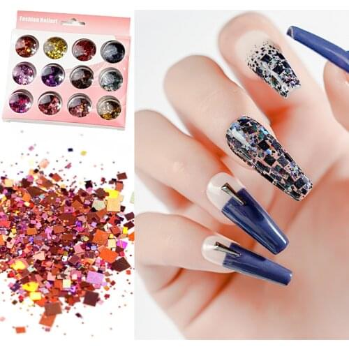 12pcs Metallic Chunky Mix Glitter 12 colors-rainbow Heart/Butterfly mixed glitter-Nail art Holo- SQUARE - Polyester Glitter,H656