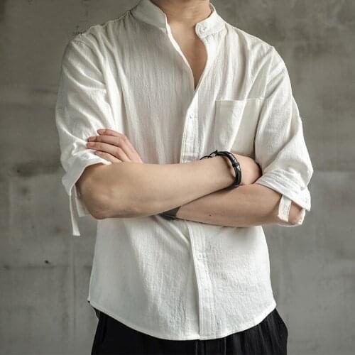 2021 Spring New MenS Solid Linen Shirt Chinese Style Stand Collar Male Half Sleeve Slim Fit Linen T Shirt Tops M-5Xl 30150