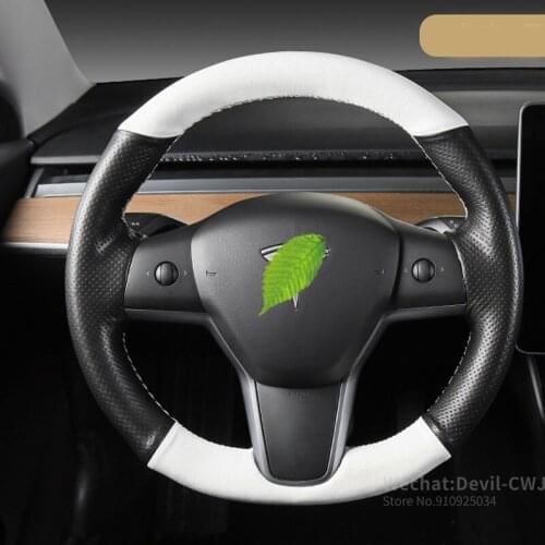For Tesla Model 3 2017-2020 Top Interior Microfiber Black With White Leather Steering Wheel Hand-stitch Cover car accessories