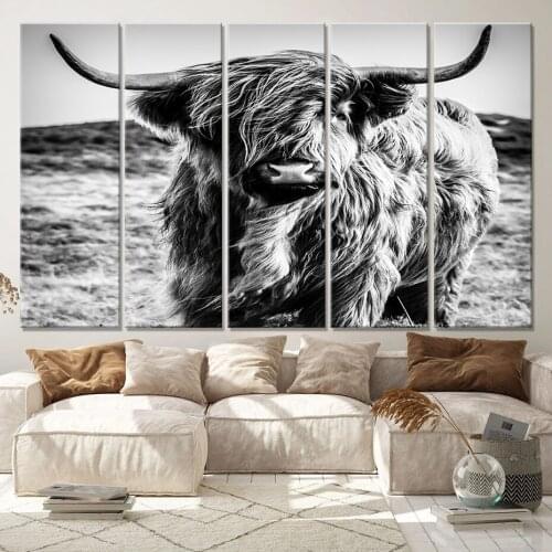 Black White Highland Cow Canvas Paintings Animals Wall Art Prints Room Decor Pictures and Posters for Bedroom Home Decoration
