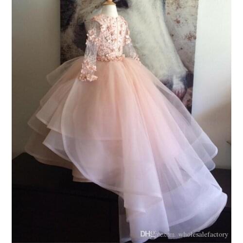 Layered Ruffles Kids Formal Wear Gowns Girls Pageant Dresses Blush Pink Flower Girl Dresses Long Sleeves with Hand Made Flowers