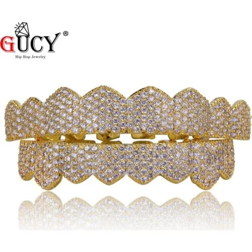 GUCY Fit Gold Silver Color All Iced Out Hip Hop Teeth Grillz Micro Pave Cubic Zircon Eight Top & Bottom Grills Set